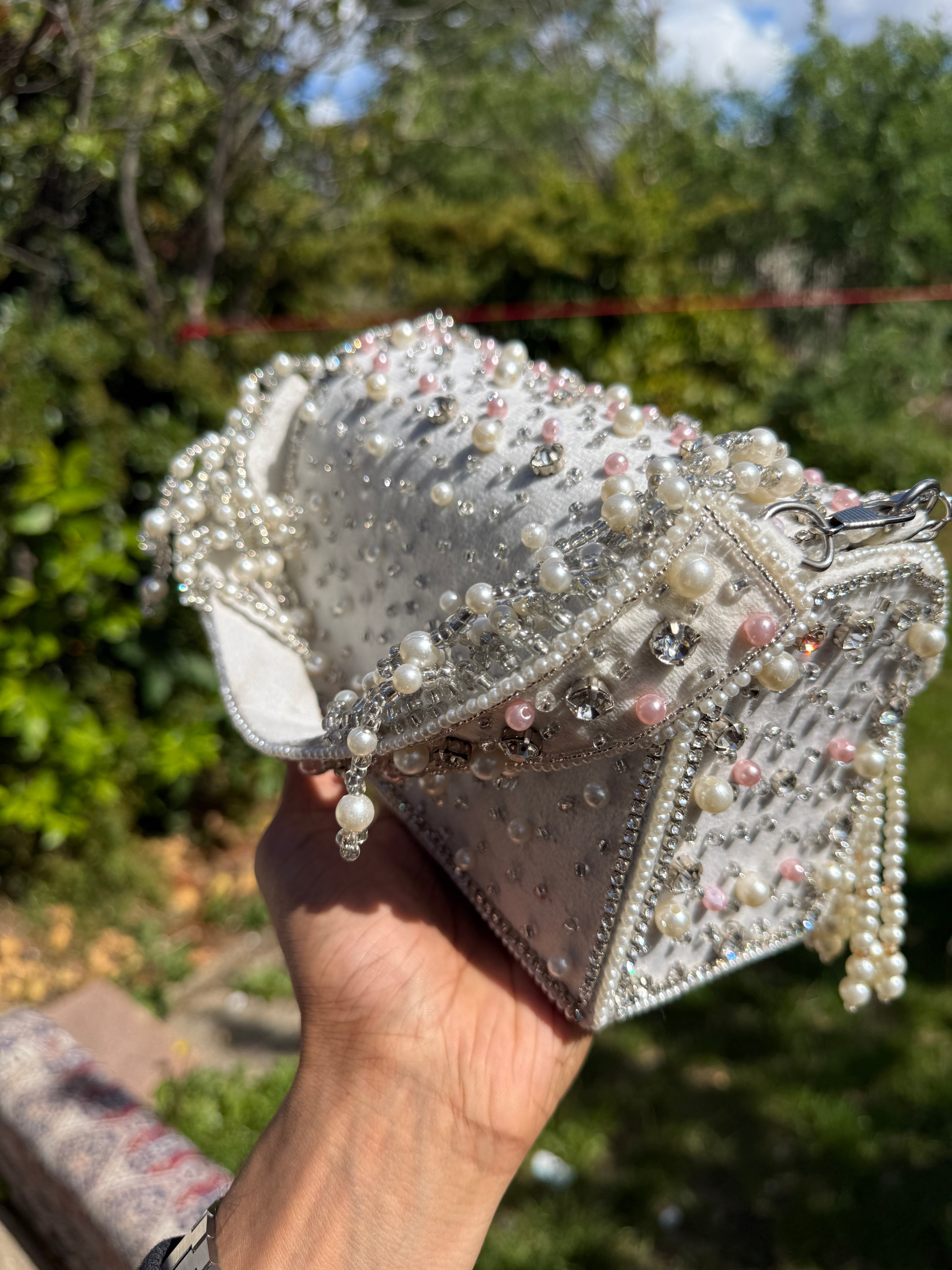 Luxury Pearl Fringe Crystal Clutch Bag | Handmade Bridal Evening Purse | Ivory White & Pink🤍💖❤️