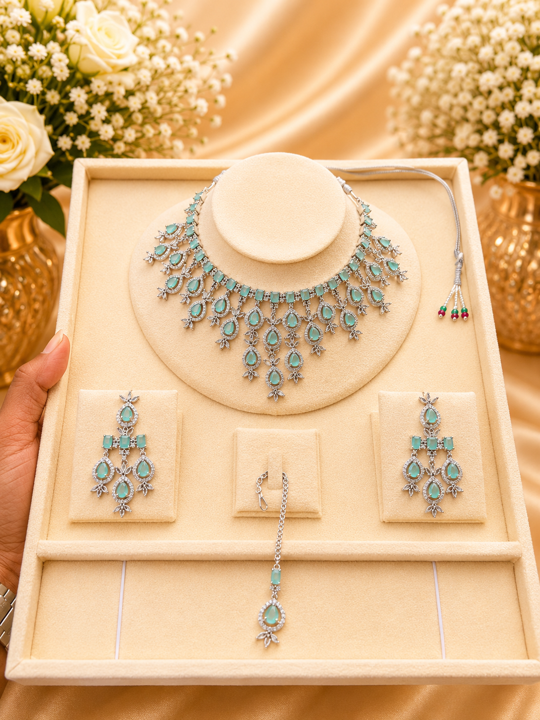 Luxury Crystal Drop Bridal Necklace Set with Earrings – Multi Color Variants