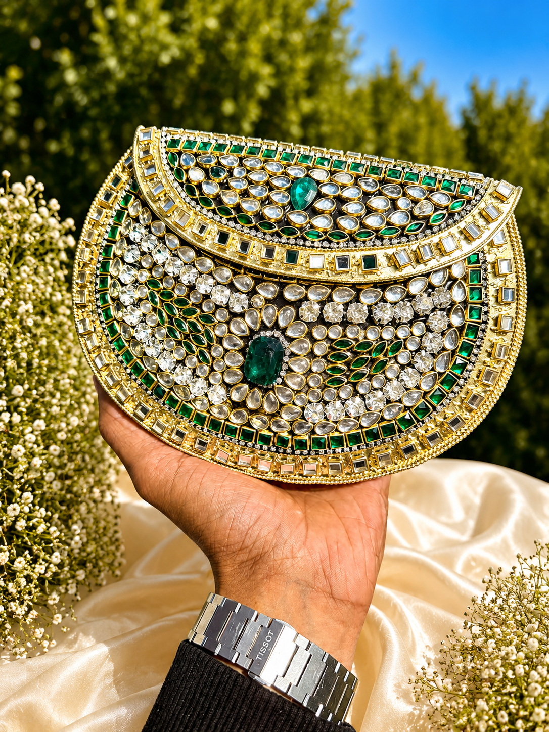 Luxury Kundan Bridal Clutch Bag | Handmade Crystal Evening Purse | Gold, Green, Red & Multicolor
