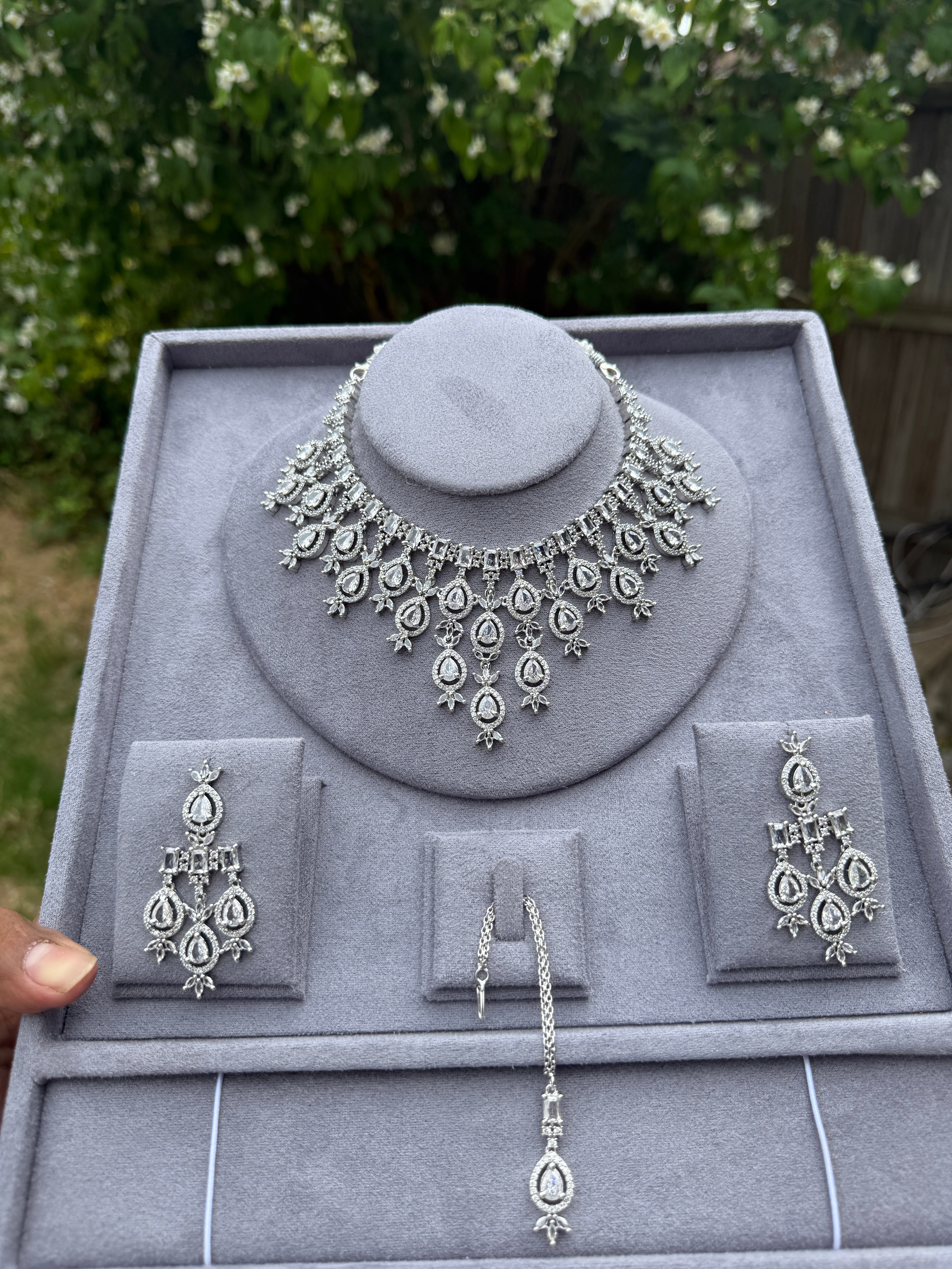 Luxury Crystal Drop Bridal Necklace Set with Earrings – Multi Color Variants
