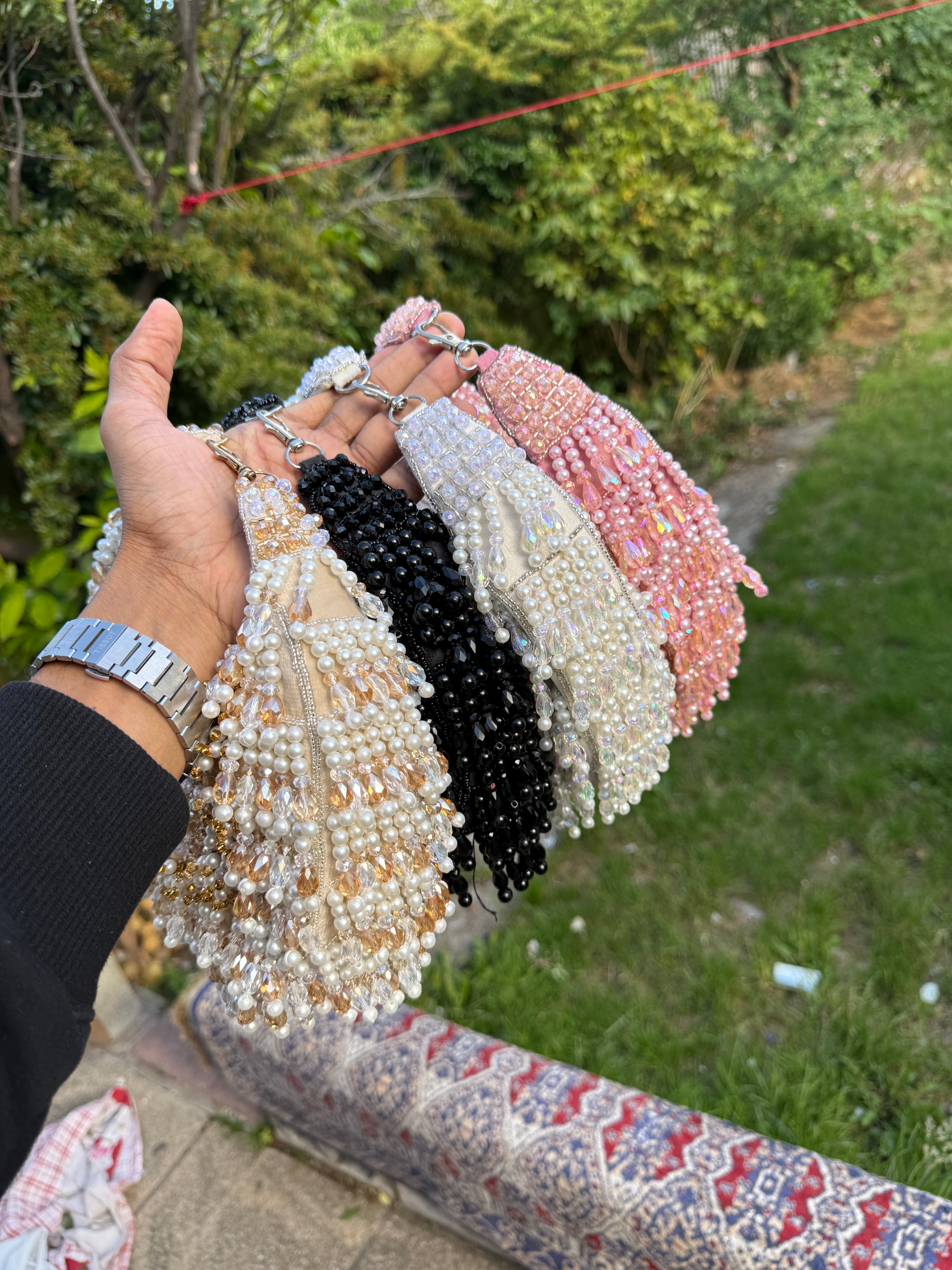 Luxury Handmade Pearl Beaded Evening Clutch Bag | Bridal Wedding Party Purse | Pink, White, Black & Gold🌸🤍🖤⭐️
