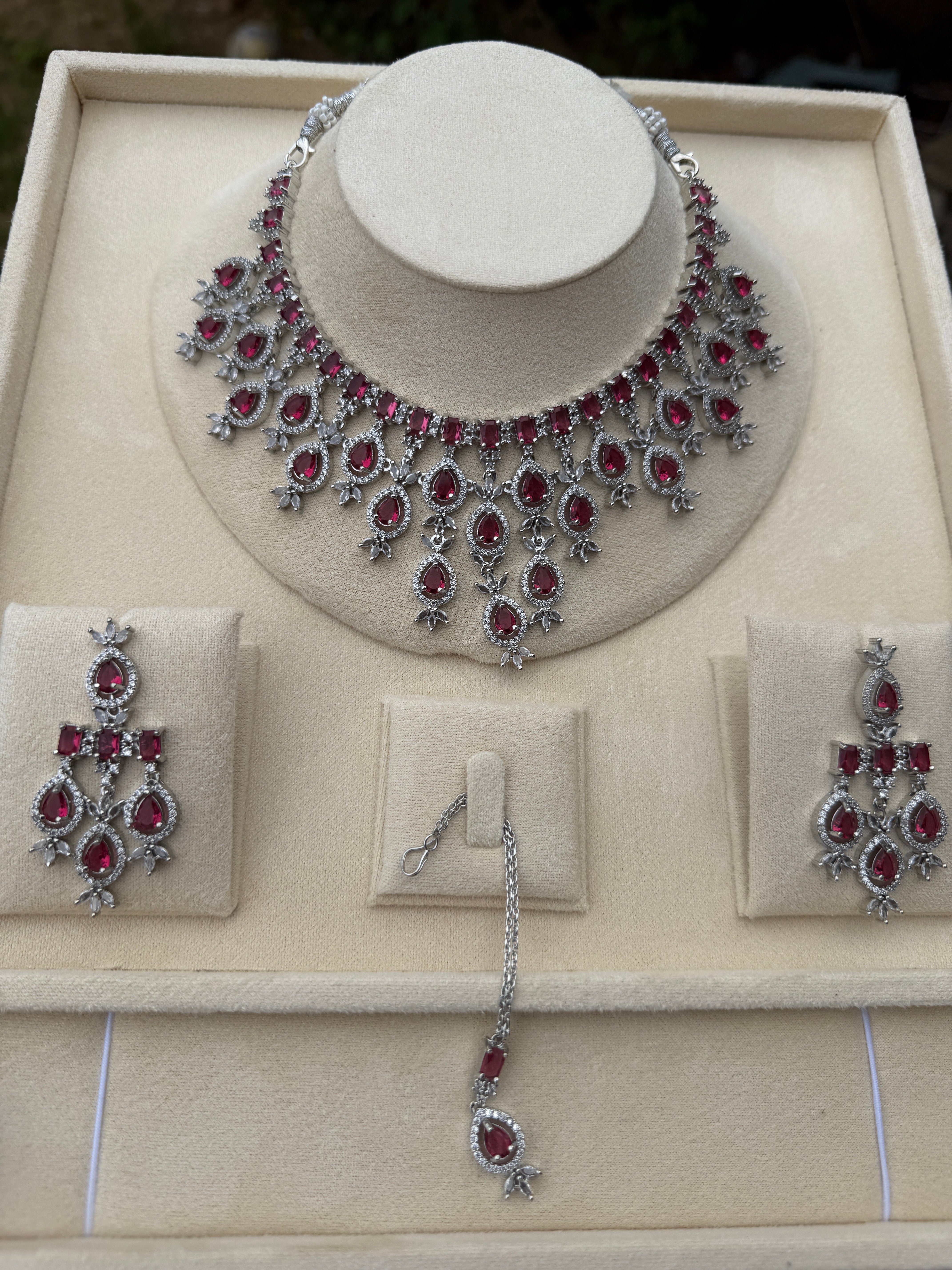 Luxury Crystal Drop Bridal Necklace Set with Earrings – Multi Color Variants