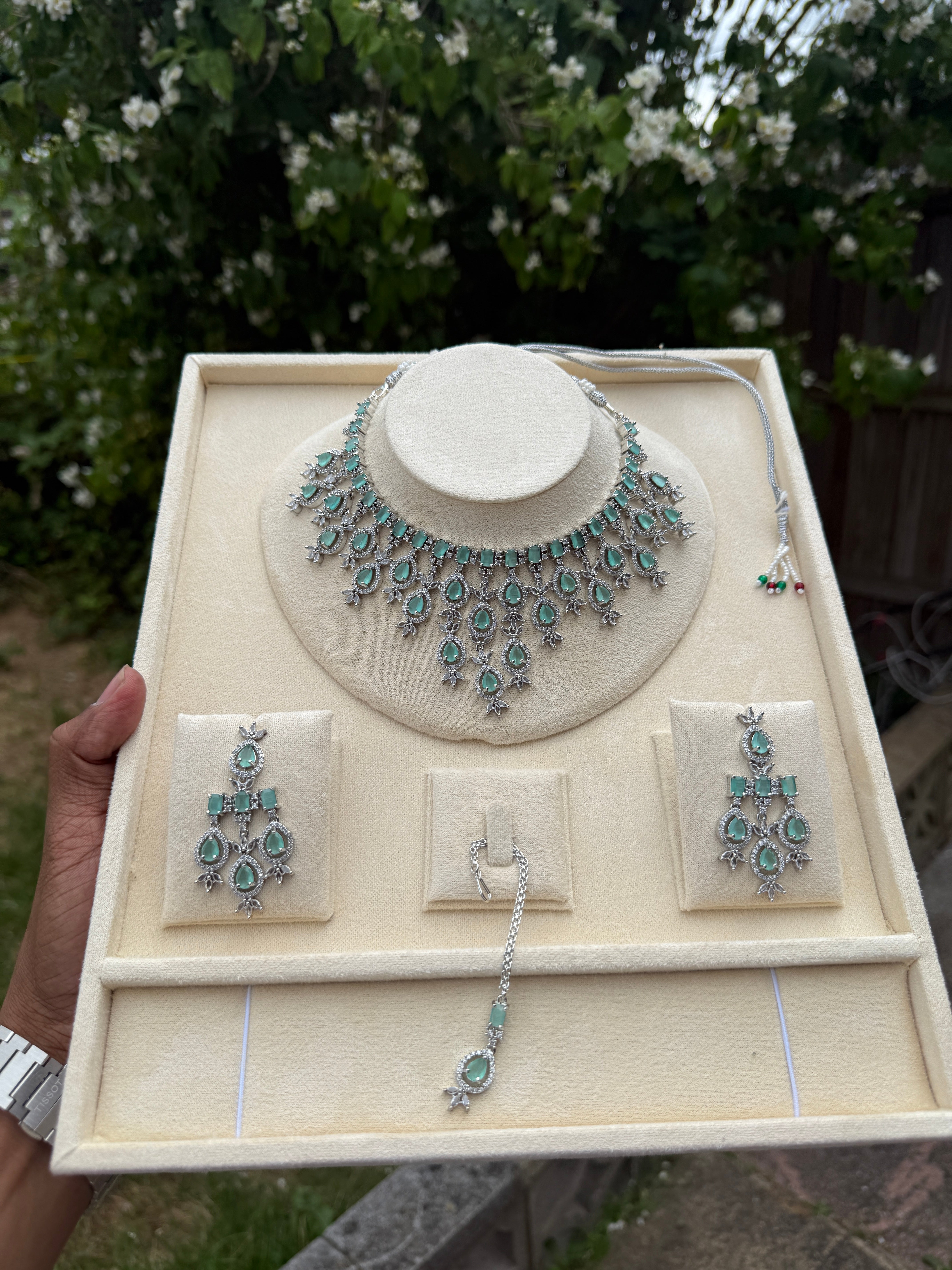 Luxury Crystal Drop Bridal Necklace Set with Earrings – Multi Color Variants