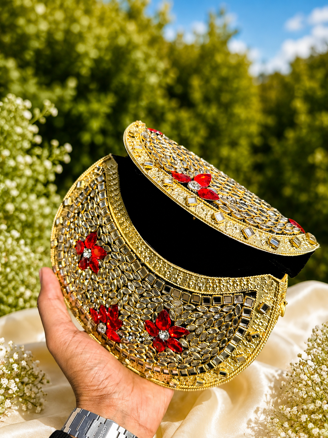 Luxury Kundan Bridal Clutch Bag | Handmade Crystal Evening Purse | Gold, Green, Red & Multicolor