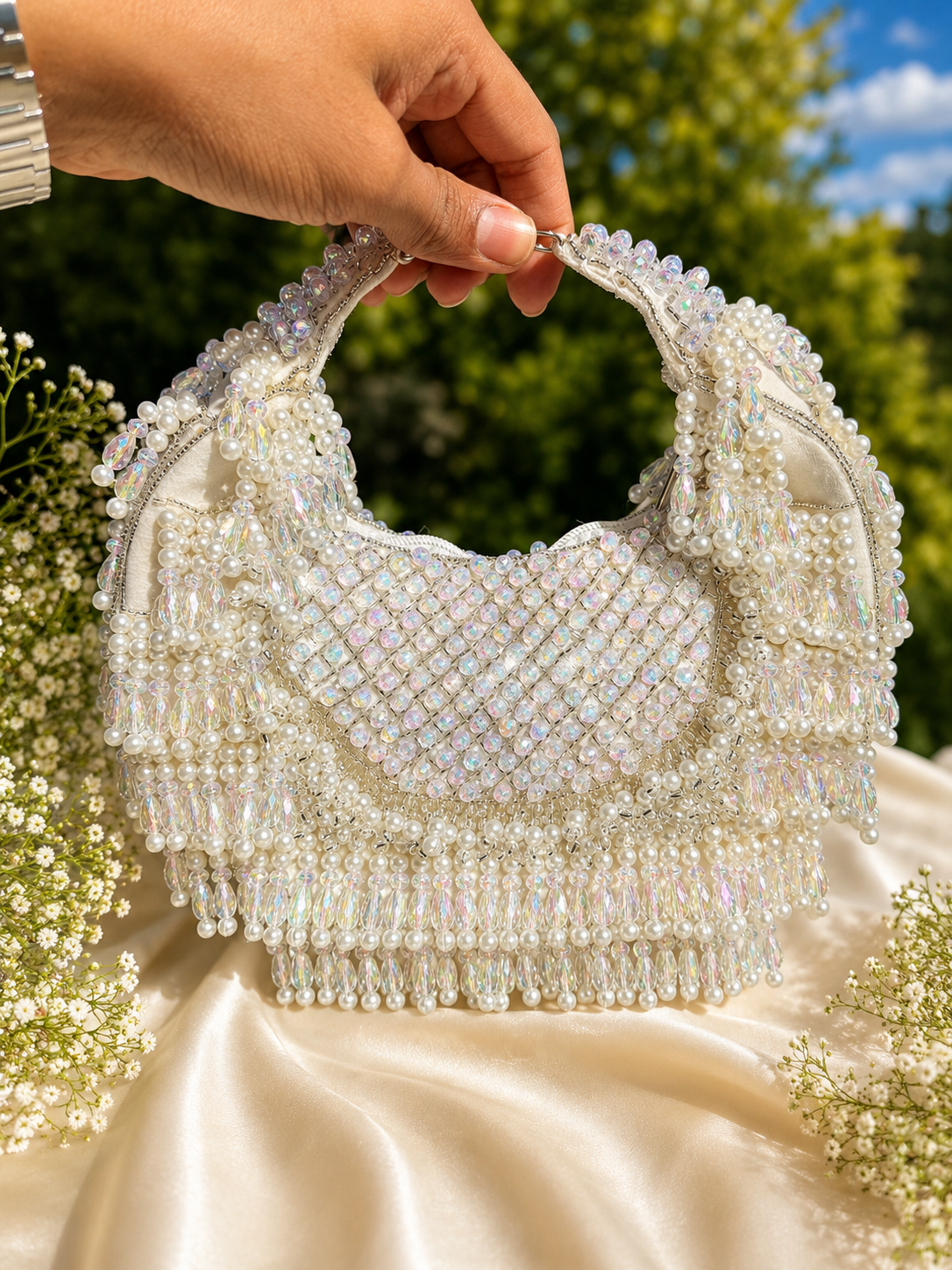 Luxury Handmade Pearl Beaded Evening Clutch Bag | Bridal Wedding Party Purse | Pink, White, Black & Gold🌸🤍🖤⭐️