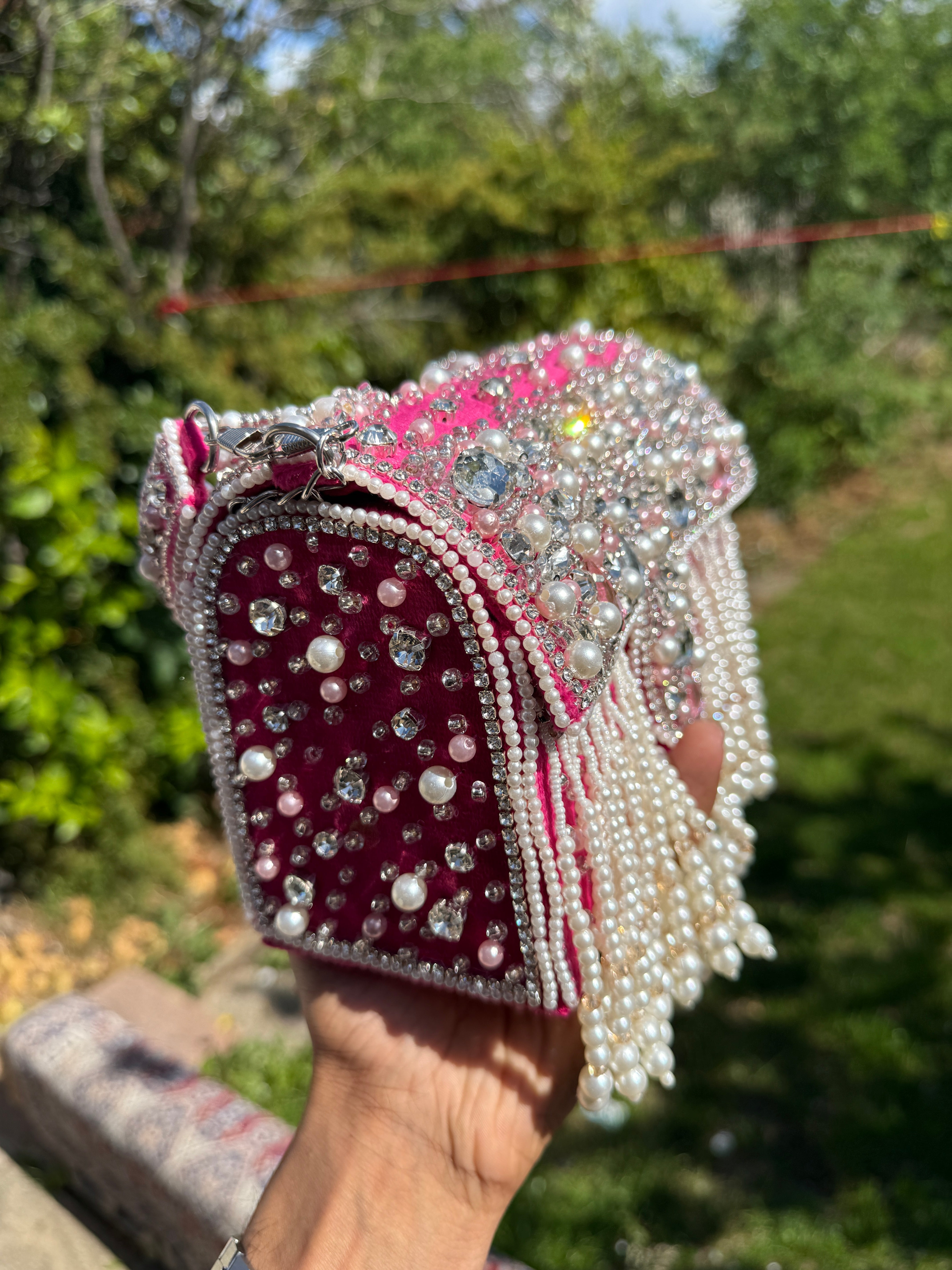 Luxury Pearl Fringe Crystal Clutch Bag | Handmade Bridal Evening Purse | Ivory White & Pink🤍💖❤️