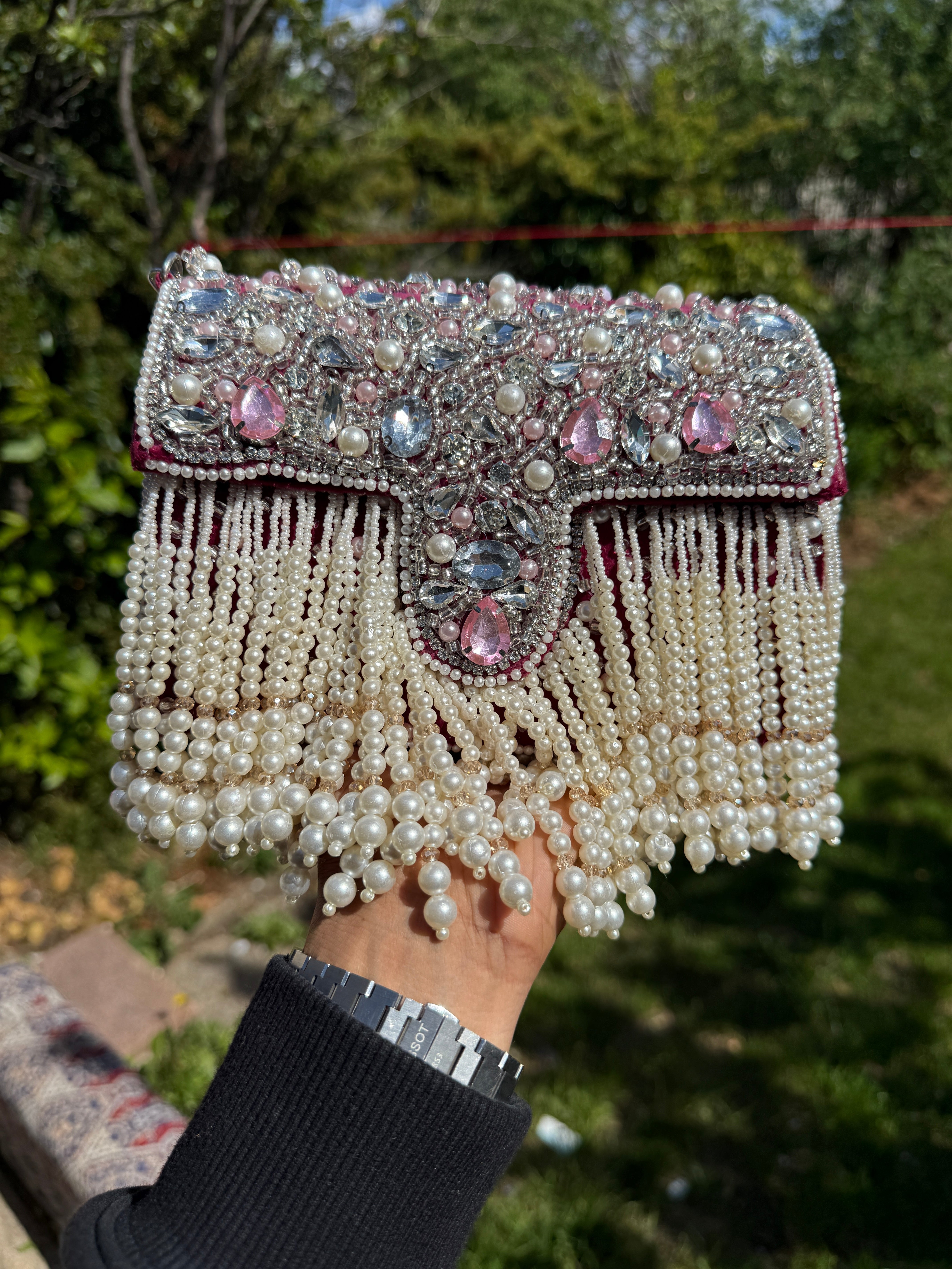 Luxury Pearl Fringe Crystal Clutch Bag | Handmade Bridal Evening Purse | Ivory White & Pink🤍💖❤️