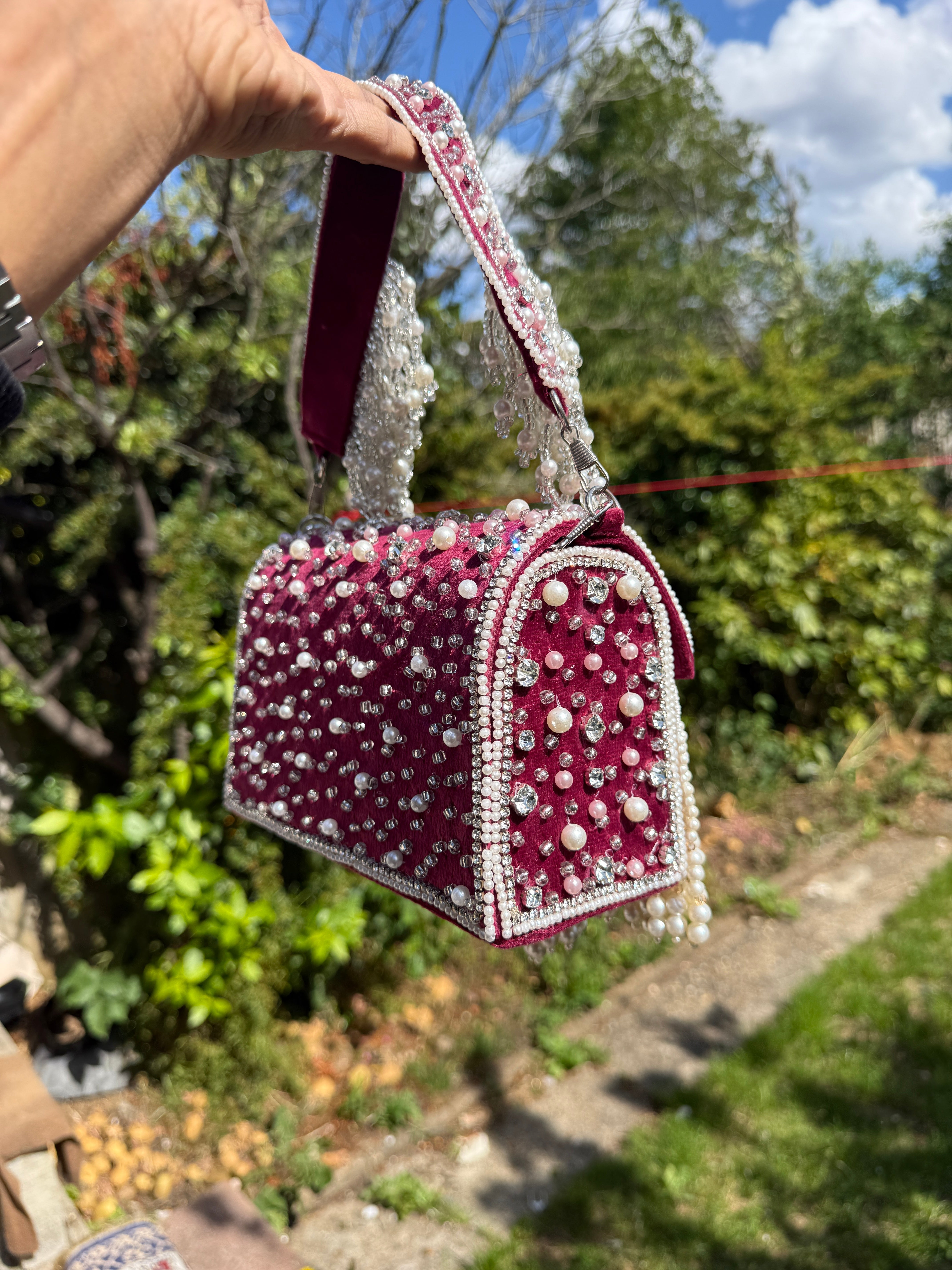 Luxury Pearl Fringe Crystal Clutch Bag | Handmade Bridal Evening Purse | Ivory White & Pink🤍💖❤️