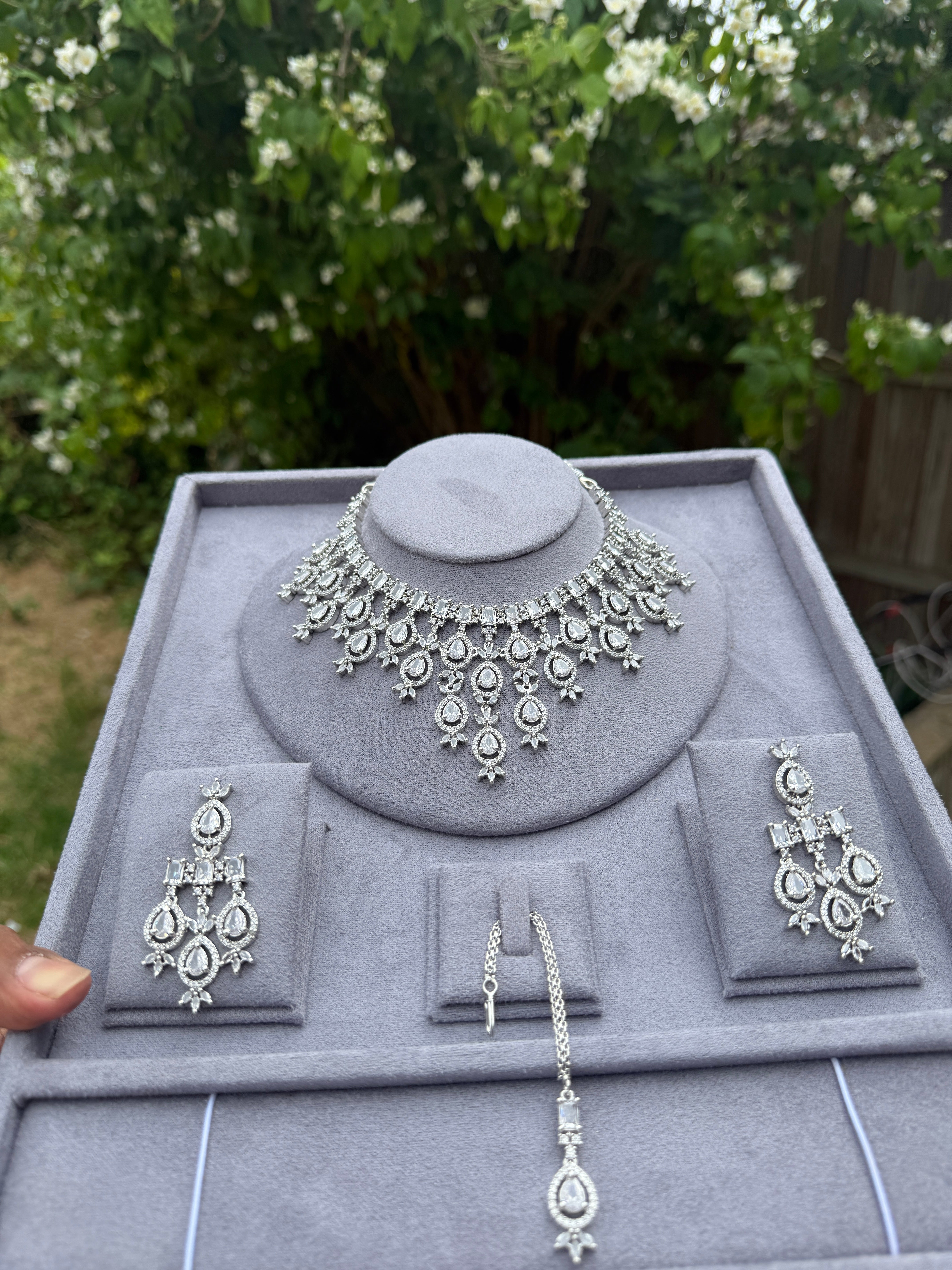 Luxury Crystal Drop Bridal Necklace Set with Earrings – Multi Color Variants